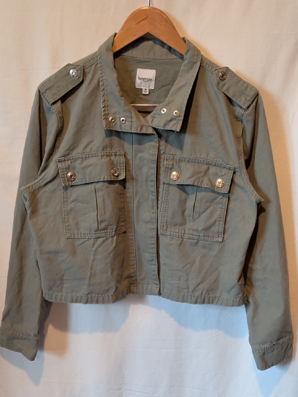Kensie Cropped Olive Utility Jacket with Button Pockets
